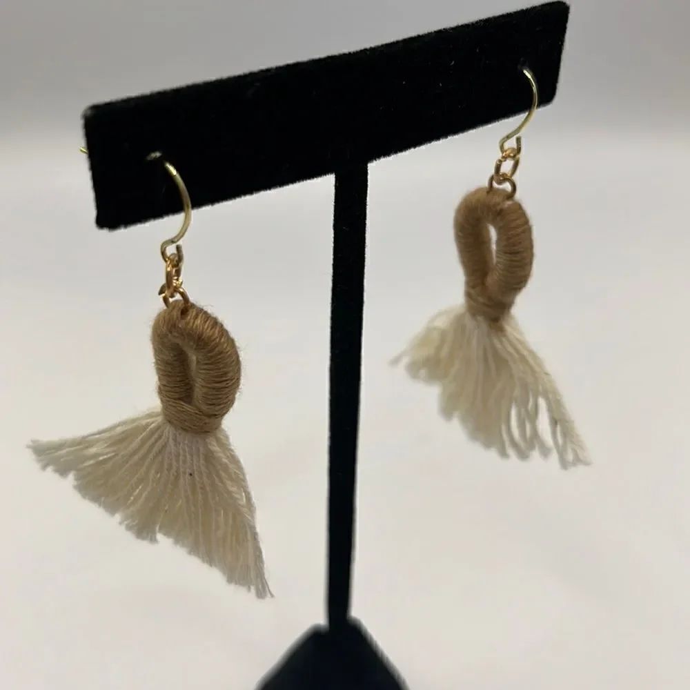 2.5” Gold Tone Large Cream Taupe Looped Tassel Bohemian Earrings